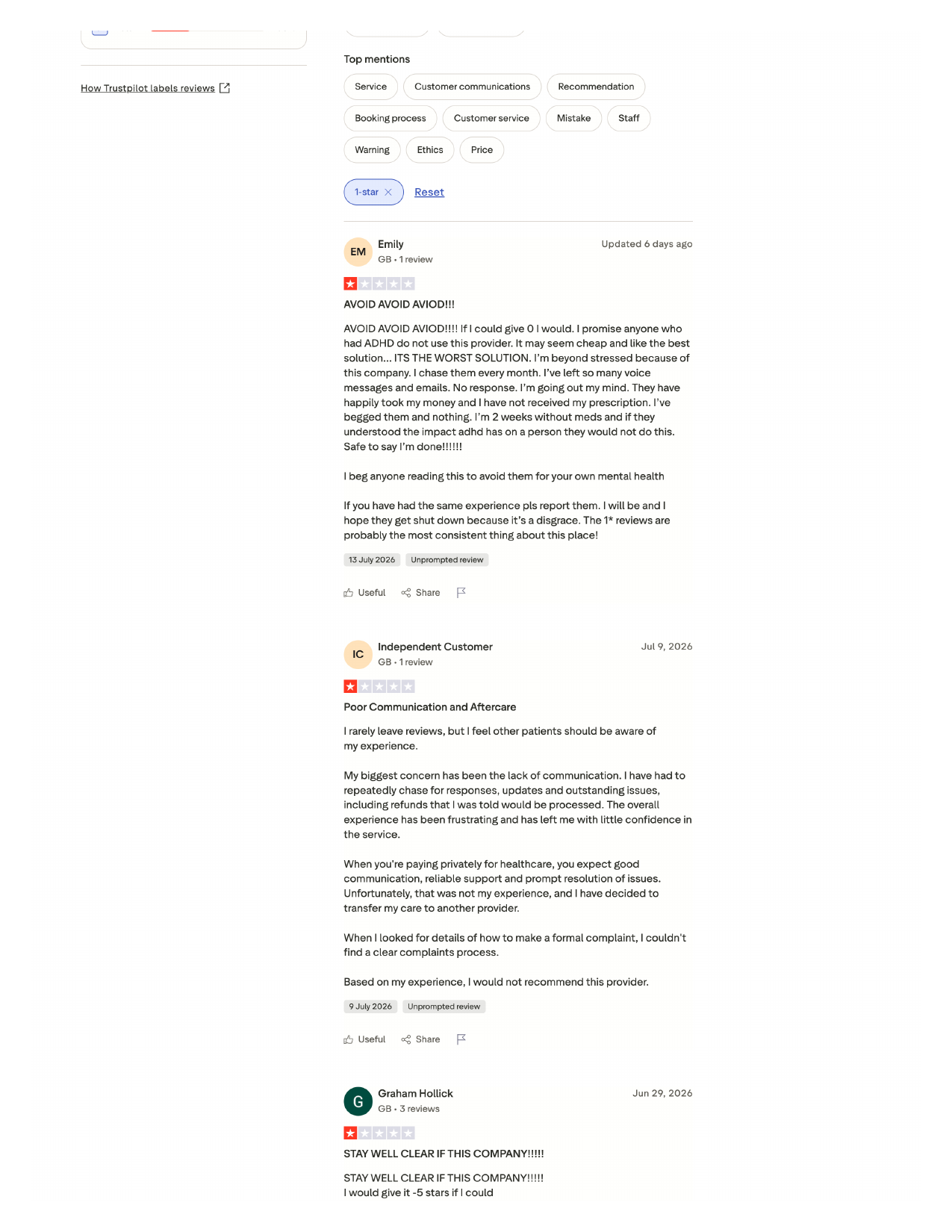 Rendered Trustpilot review page showing one-star complaint examples