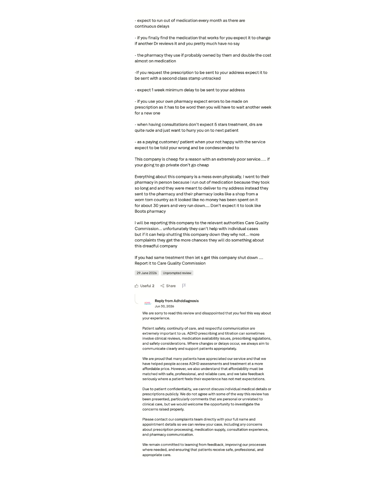 Rendered Trustpilot review page showing medication-delay allegations and company reply
