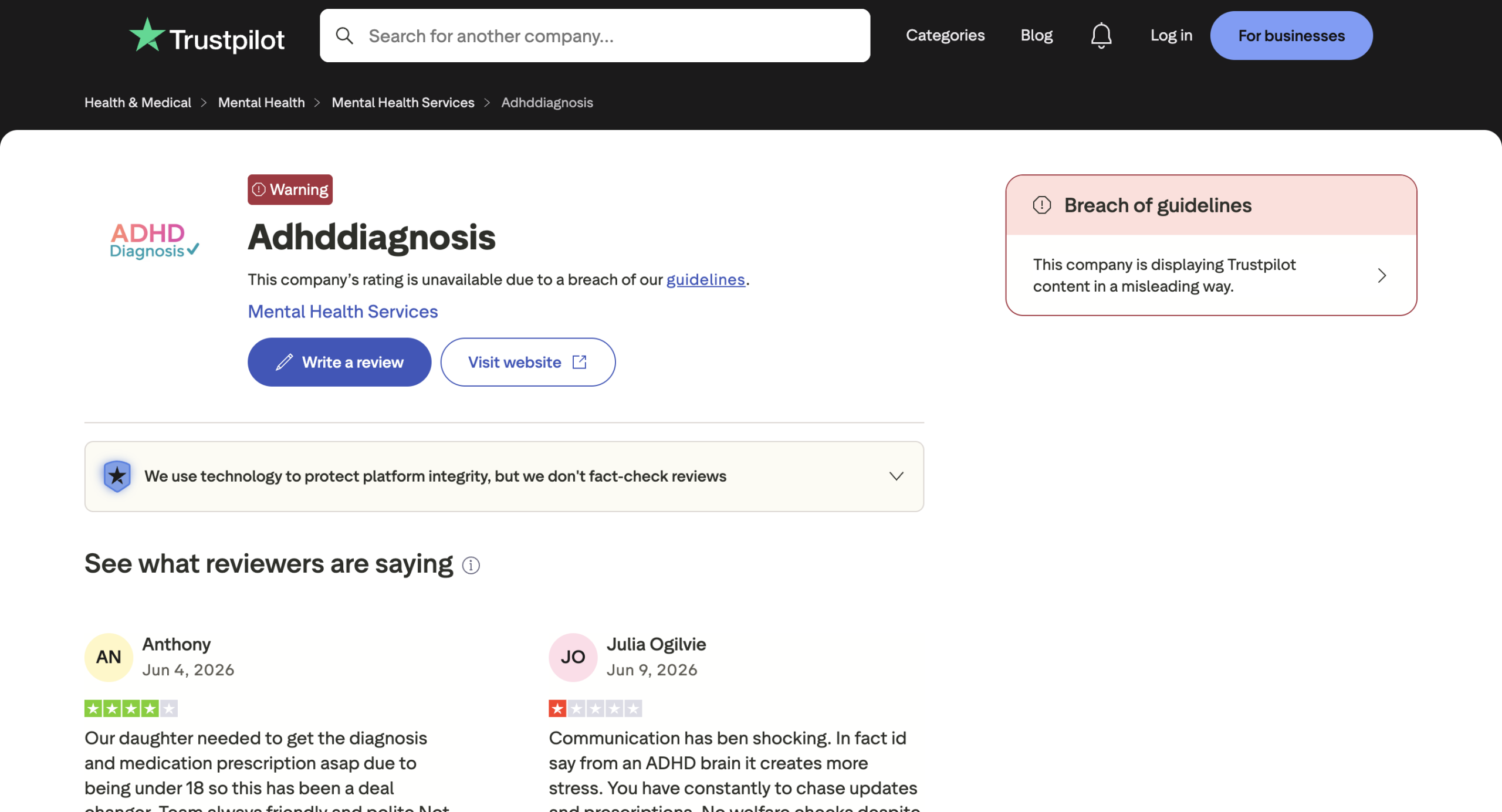 Trustpilot page screenshot for Adhddiagnosis showing a warning and breach of guidelines panel